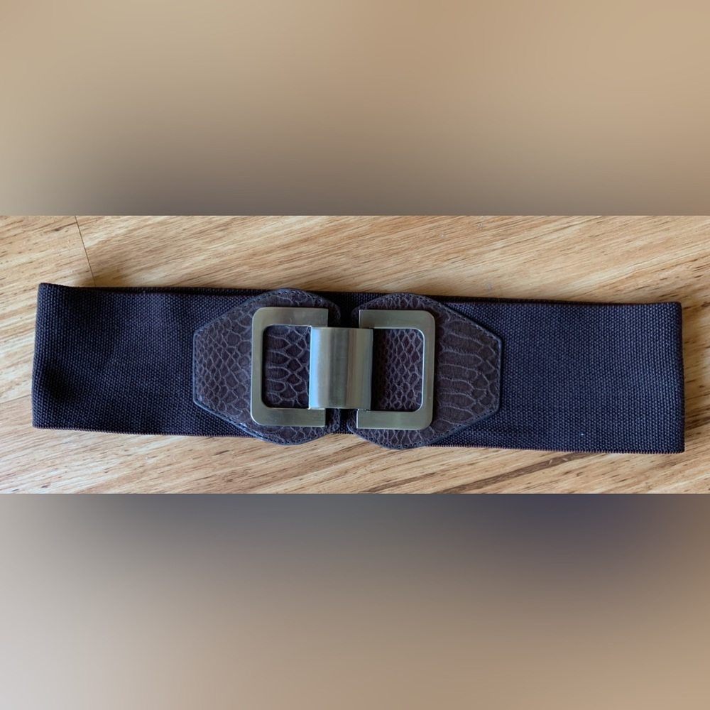Brown elastic wide belt NWT with silver tone buckle detail small medium
